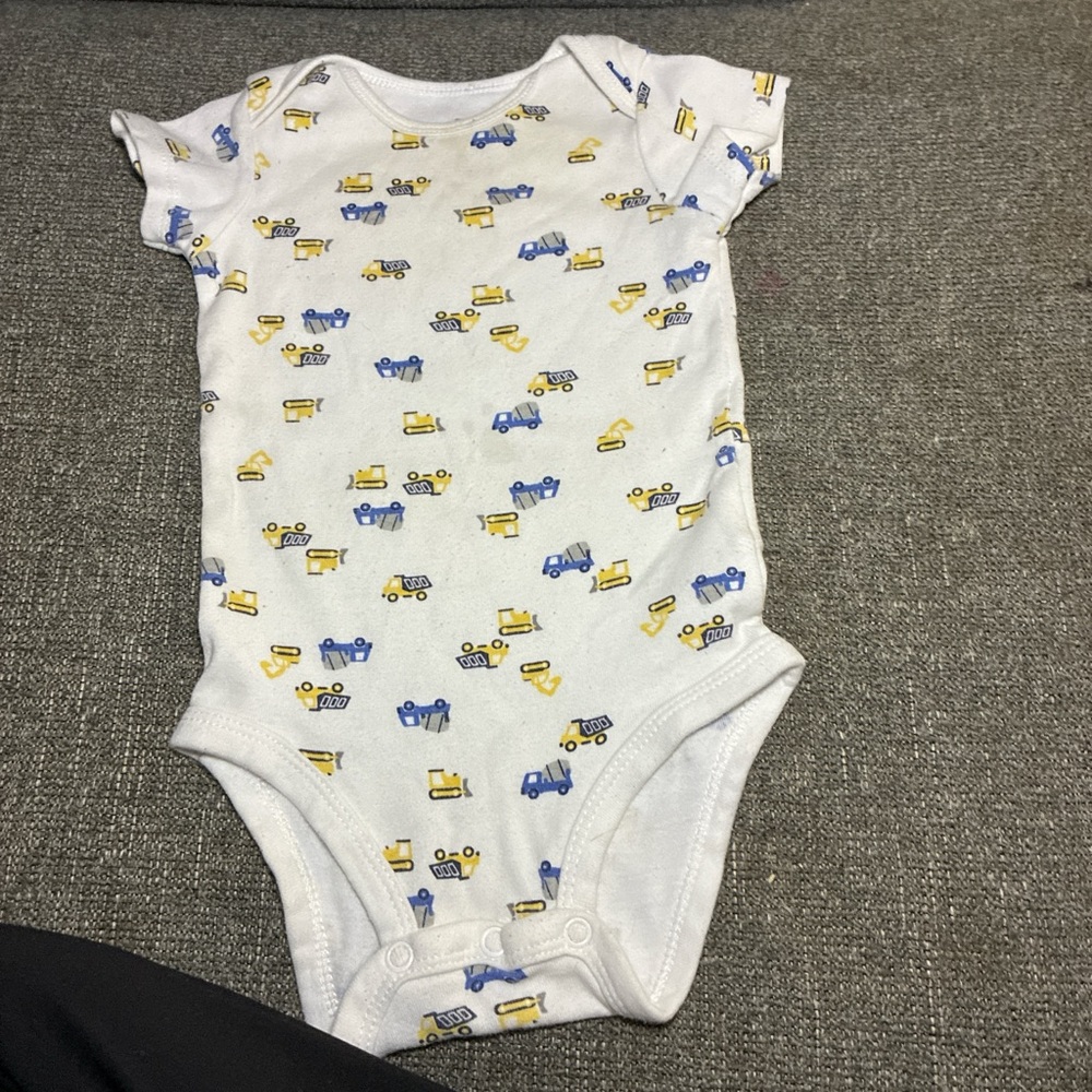 White Baby Onesie with Vehicle Print